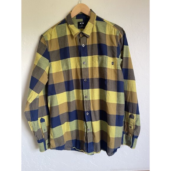 Oakley Size Medium Yellow Black Plaid Button Up Long Sleeve Collared Shirt 100% - Picture 3 of 8
